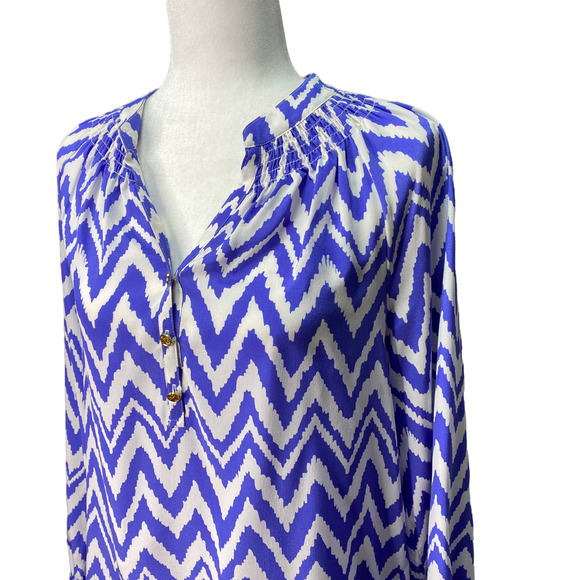 LILLY PULITZER | sz S Women's Iris Blue/White Silk Get Your Chev On Elsa Blouse - Picture 6 of 6